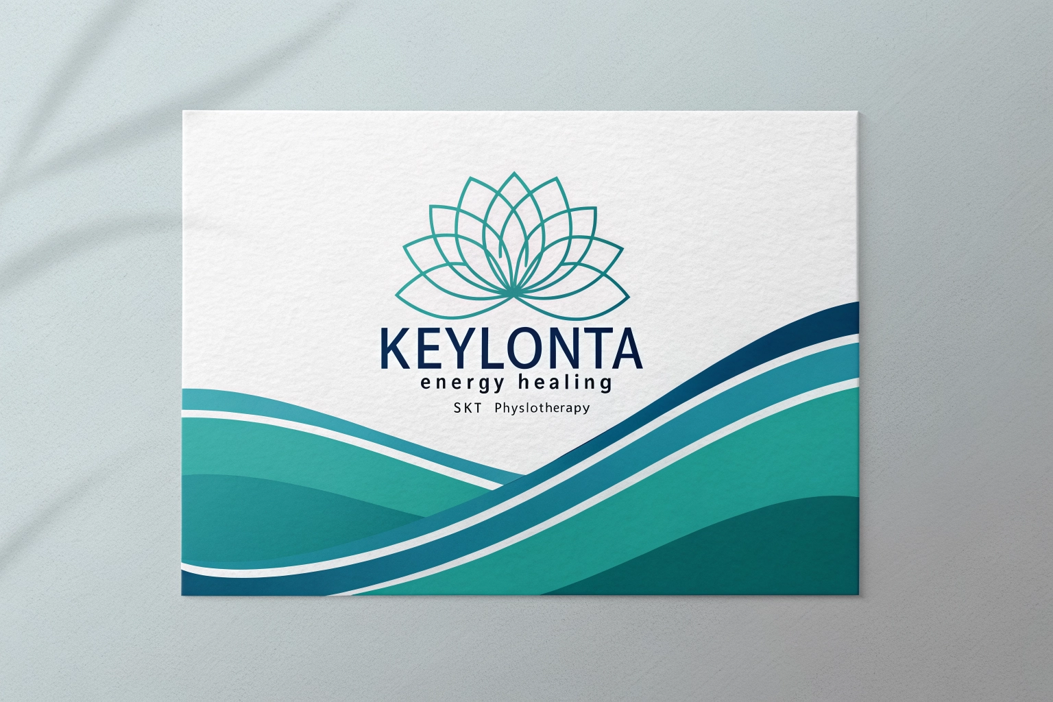 A minimalist and modern logo for 'Keylonta Energy Healing' or 'SKT Physiotherapy'. The design should incorporate soft, healing elements like a stylized lotus or abstract energy waves, using calming colors like teal, soft blue, and white to represent wellness and recovery.